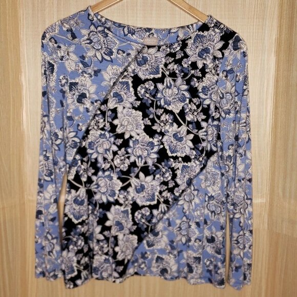 Chico's Zenergy Womens Blue Floral Patchwork Stretchy Top Small - Picture 1 of 5